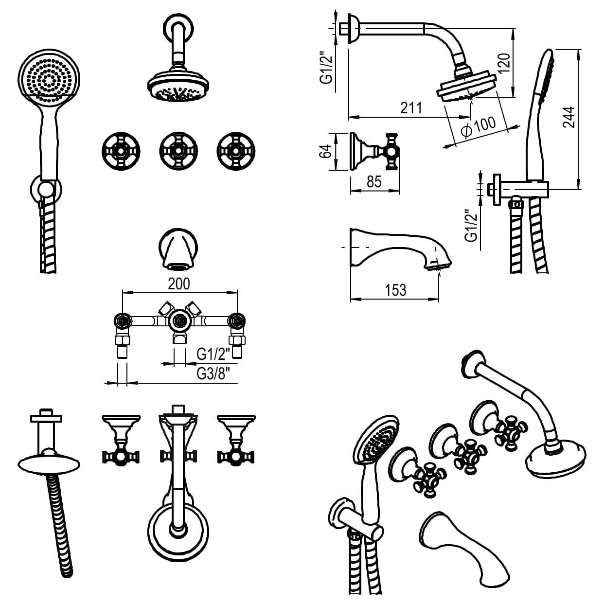 GRIFERIA BICOMANDO DUCHA 3 VIAS CON DUCHADOR BEVERLY CRUZ CROMO HIDROMET – 10 AÑOS DE GARANTÍA [00405CRCR]