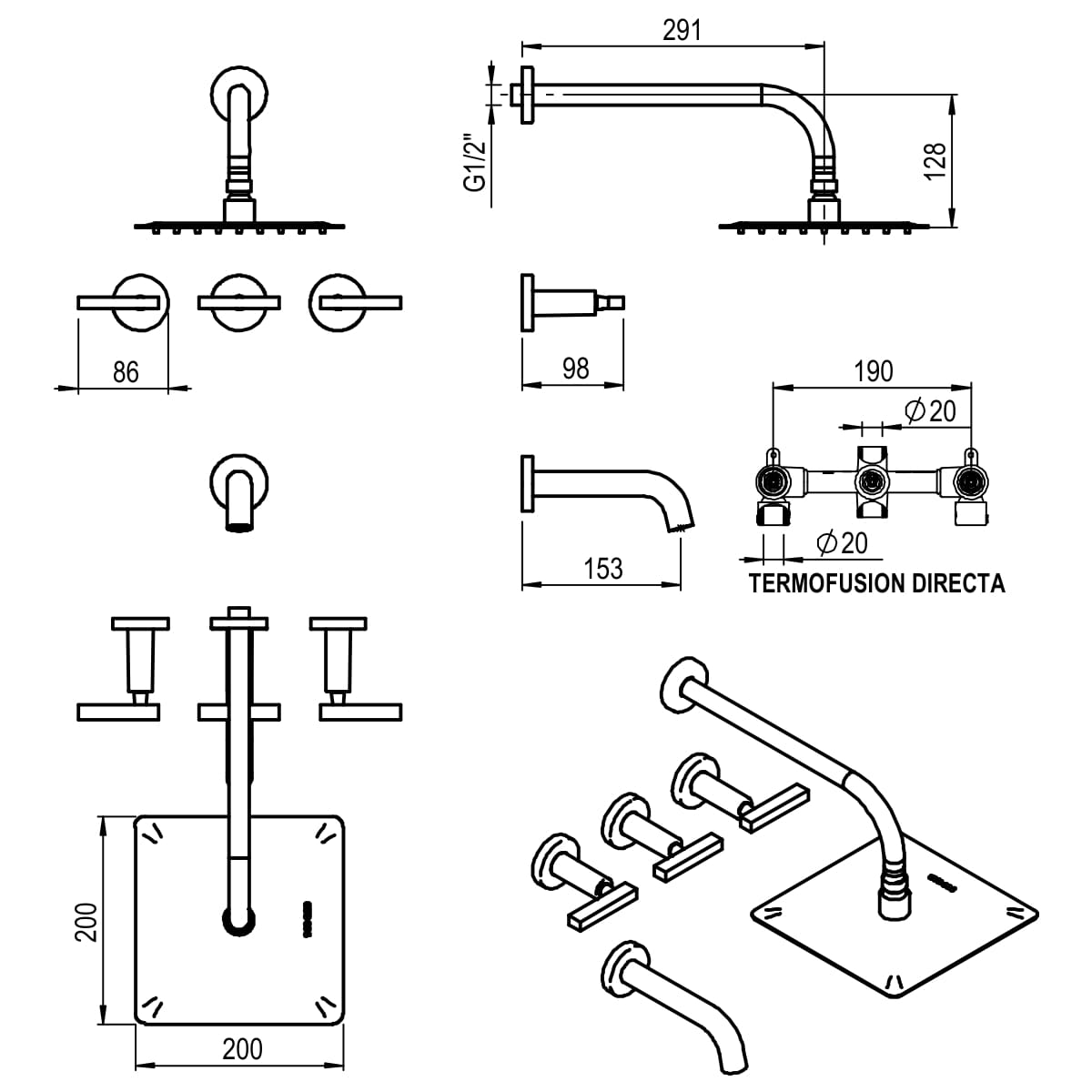 GRIFERIA BICOMANDO DUCHA CON TRANSFERENCIA LOOK LEVER BLACK HIDROMET – 10 AÑOS DE GARANTÍA [31108NEGR]