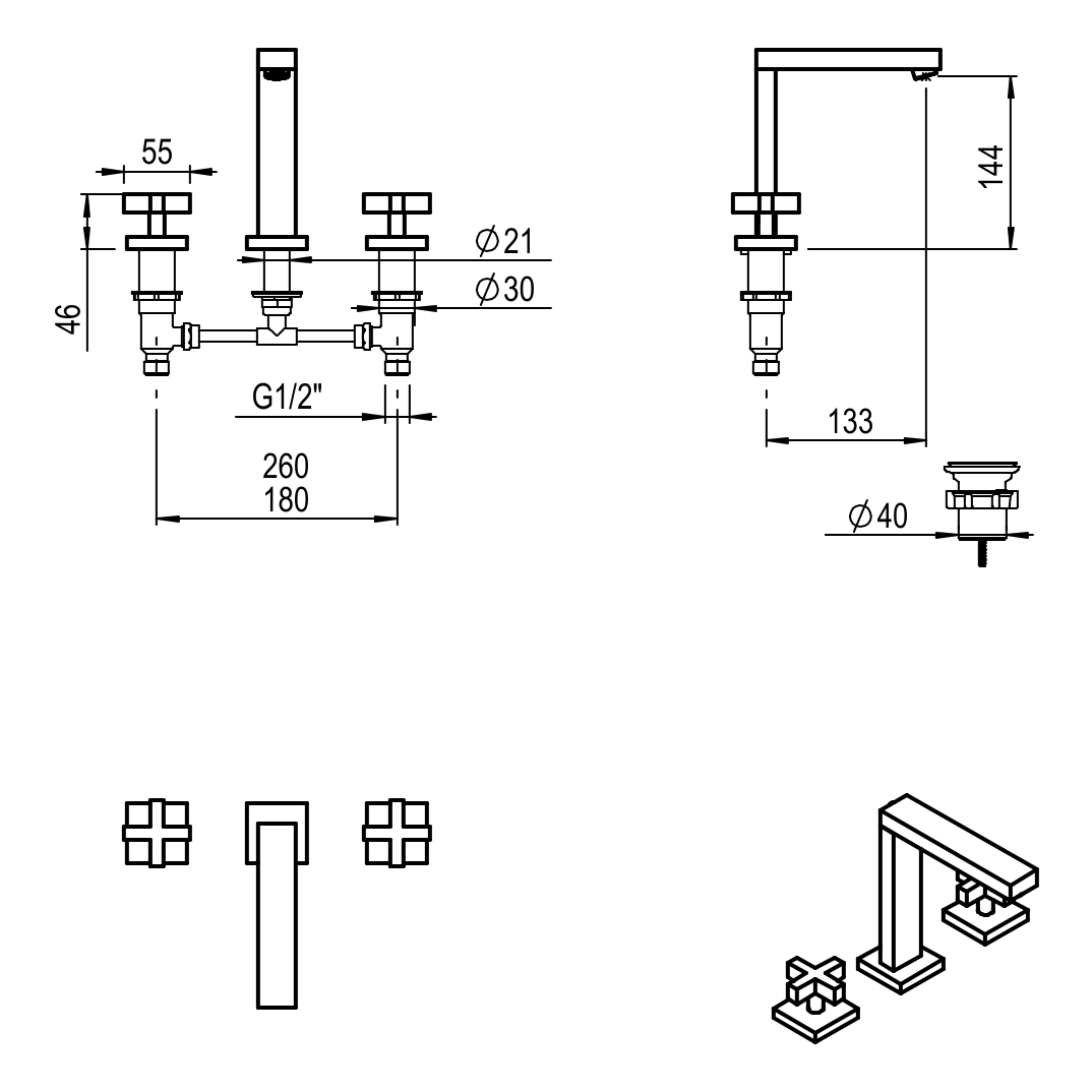 GRIFERIA BICOMANDO LAVATORIO BLOCK CRUZ BLACK HIDROMET – 10 AÑOS DE GARANTÍA [03401NEGR]