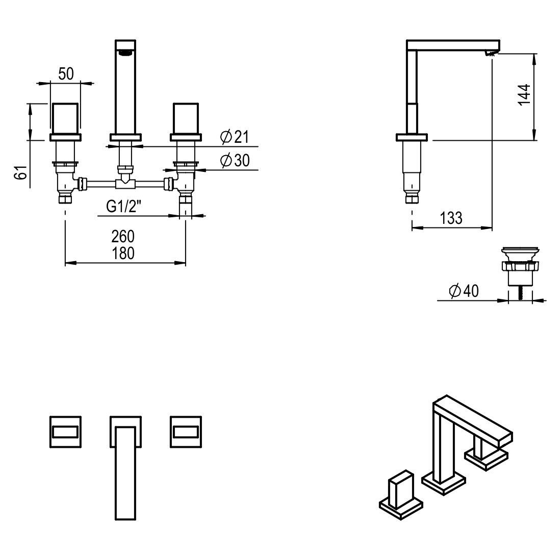 GRIFERIA BICOMANDO LAVATORIO BLOCK UP CROMO HIDROMET – 10 AÑOS DE GARANTÍA [34001CRCR]