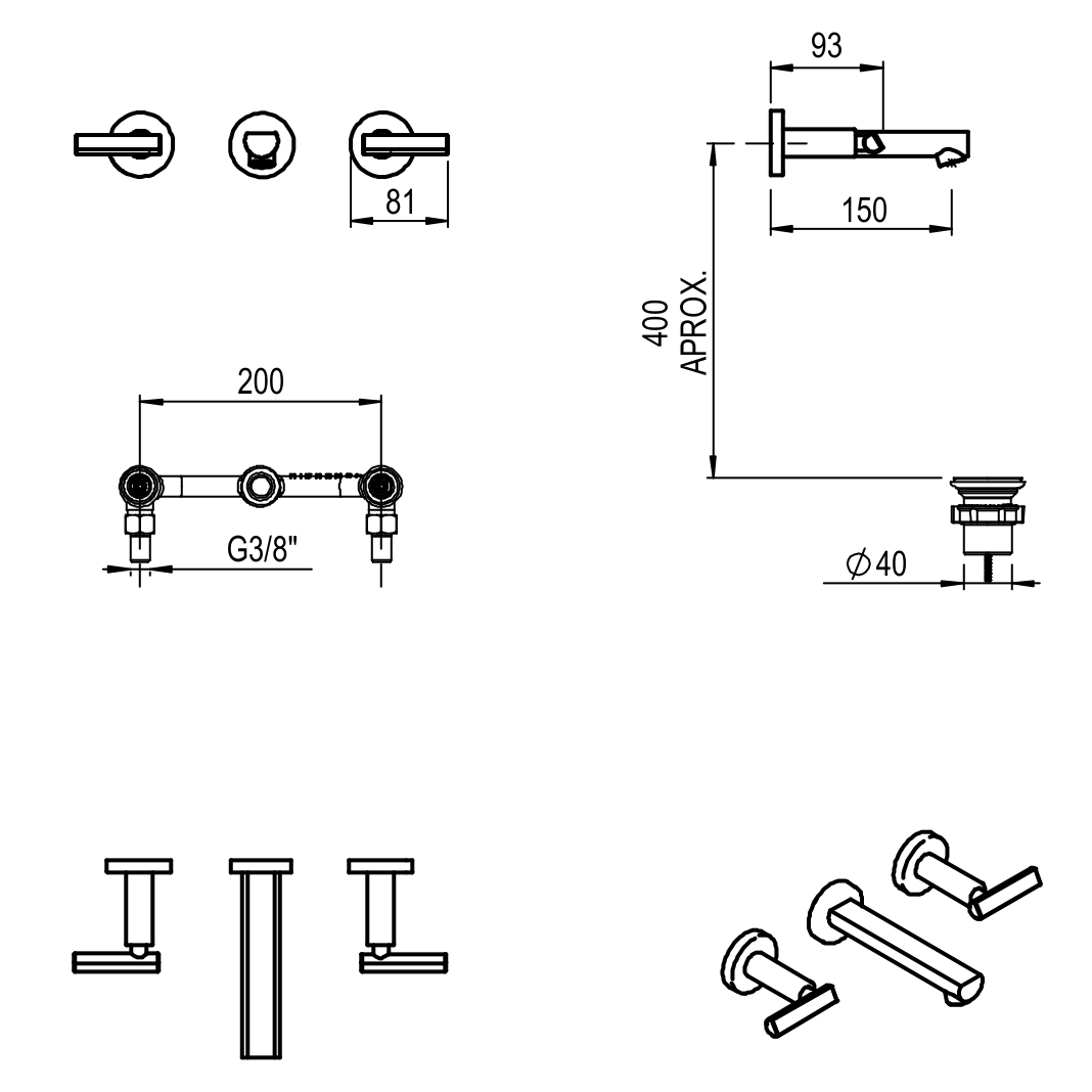 GRIFERIA BICOMANDO LAVATORIO DE PARED FLAT LEVER BLACK HIDROMET – 10 AÑOS DE GARANTÍA [84190NEGR]