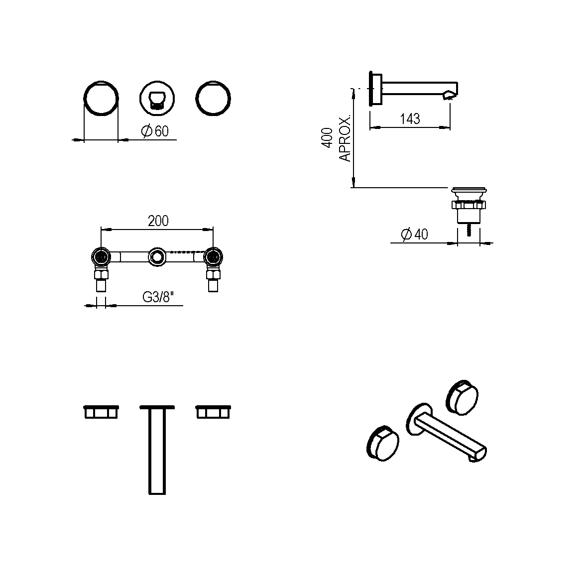 GRIFERIA BICOMANDO LAVATORIO DE PARED LUXURY BLACK HIDROMET – 10 AÑOS DE GARANTÍA [15090NEGR]
