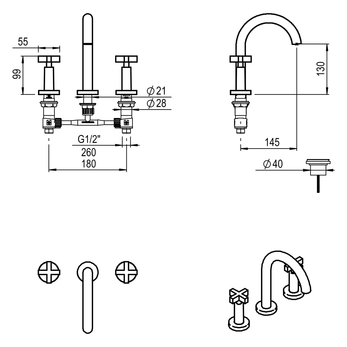 GRIFERIA BICOMANDO LAVATORIO LOOK CRUZ BLACK HIDROMET – 10 AÑOS DE GARANTÍA [31101NEGR]