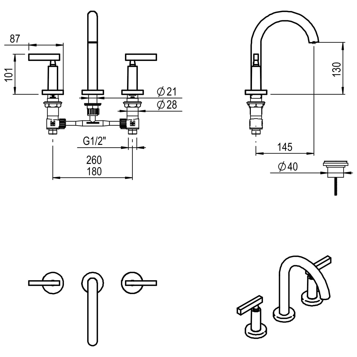 GRIFERIA BICOMANDO LAVATORIO LOOK LEVER BLACK HIDROMET – 10 AÑOS DE GARANTÍA [31106NEGR]