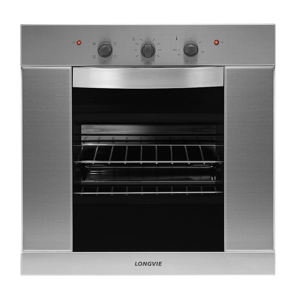 [23641] HORNO ELÉCTRICO 68,5LTS  - EFICIENCIA ENERGÉTICA: A  - CON TIMER, TERMOSTATO,  5 FUNCIONES Y DOBLE VIDRIO TEMPLADO - 60X60CM - ACERO INOXIDABLE - LONGVIE [HE1900XF]