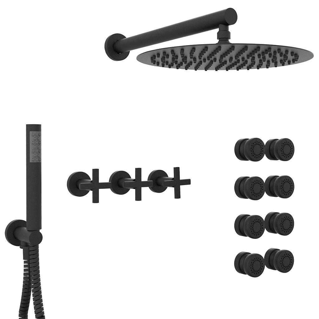 [23835] GRIFERÍA DUCHA 3 VIAS BICOMANDO CON TRANSFERENCIA , ESCOCESA Y DUCHADOR FLAT CRUZ NEGRO - HIDROMET - 10 AÑOS DE GARANTÍA [84146NEGR]